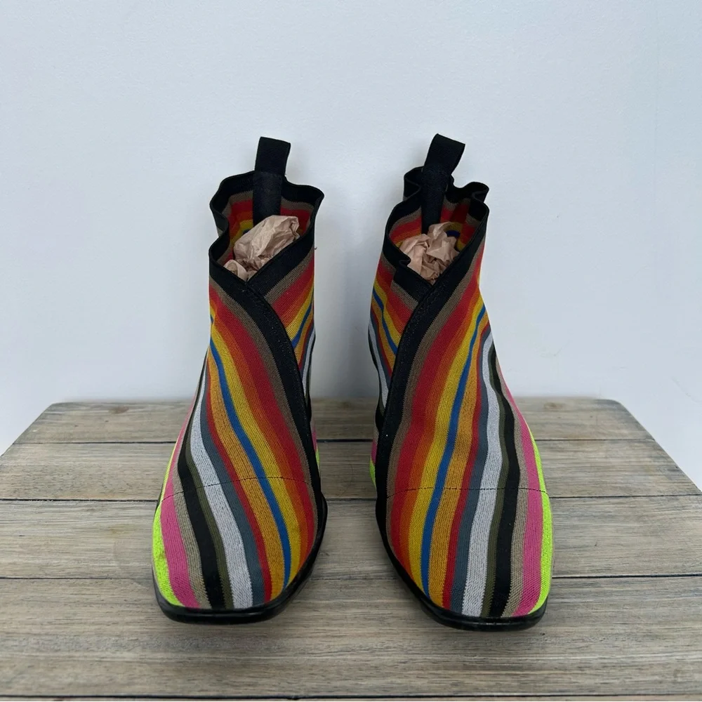 Multi-Colour Striped Pattern Ankle Sock Low Heel Booties - Picture 2 of 8
